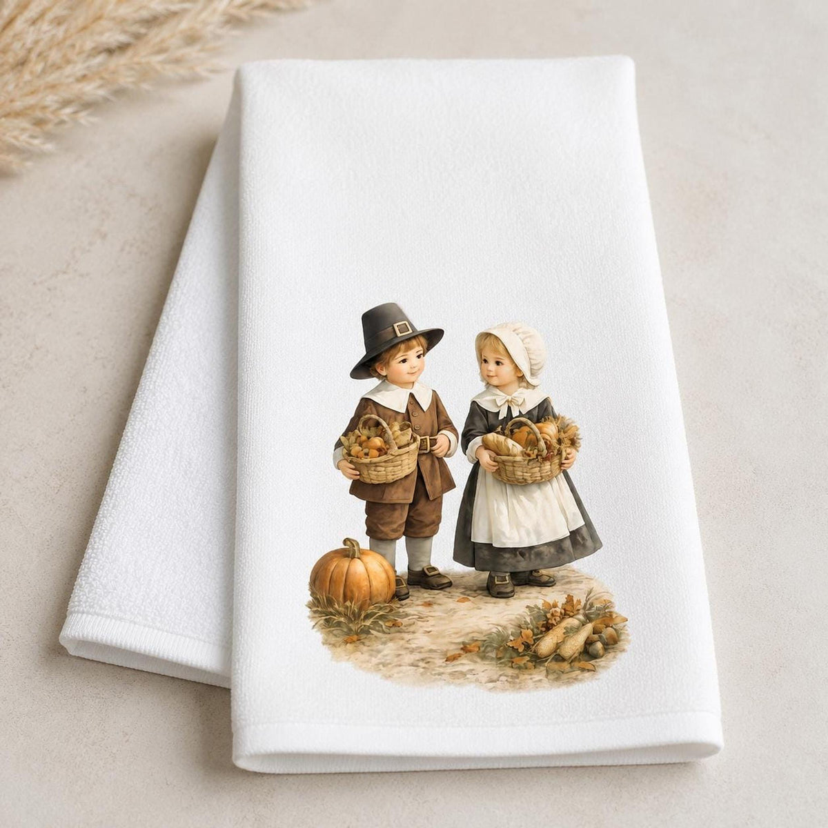 Thanksgiving Fingertip Towel, Pilgrim Children Decor, Autumn Guest Bath Accent, Fall Kitchen Gift