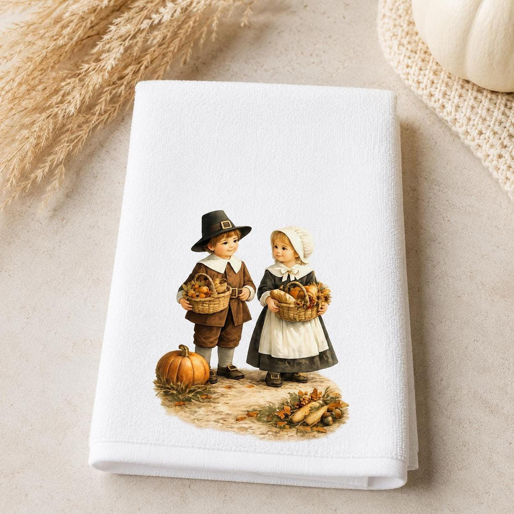 Thanksgiving Fingertip Towel, Pilgrim Children Decor, Autumn Guest Bath Accent, Fall Kitchen Gift