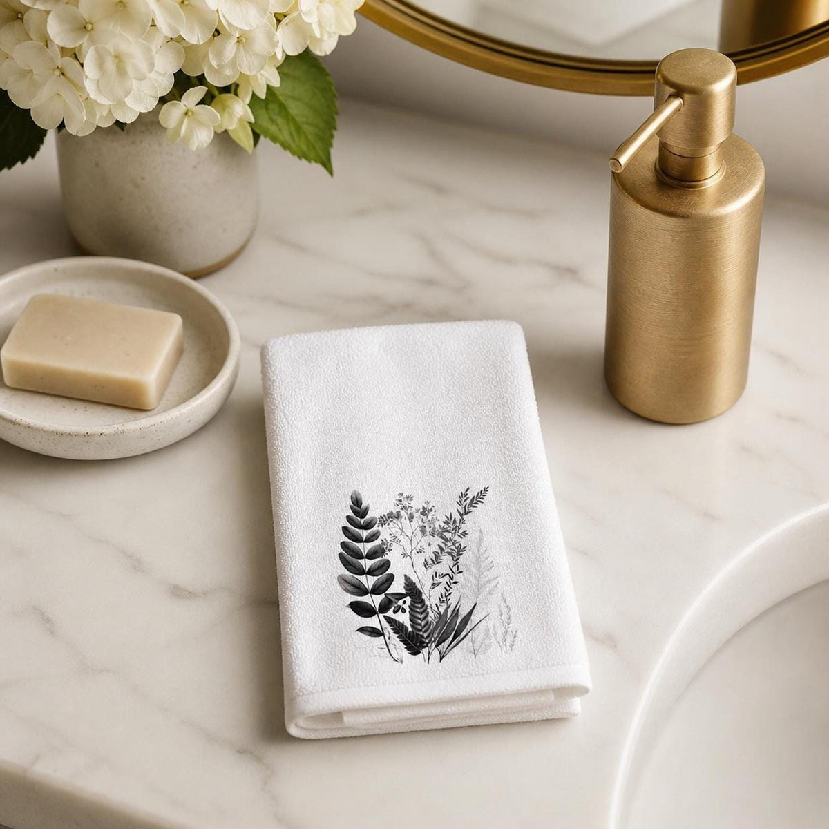 Fingertip Towel, White Botanical Decor with Black Floral Print
