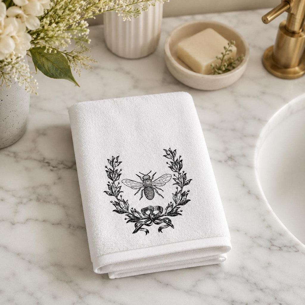Farmhouse Towel, Vintage Bee Botanical Print, 11 x 18 Inch Cotton Terry Back