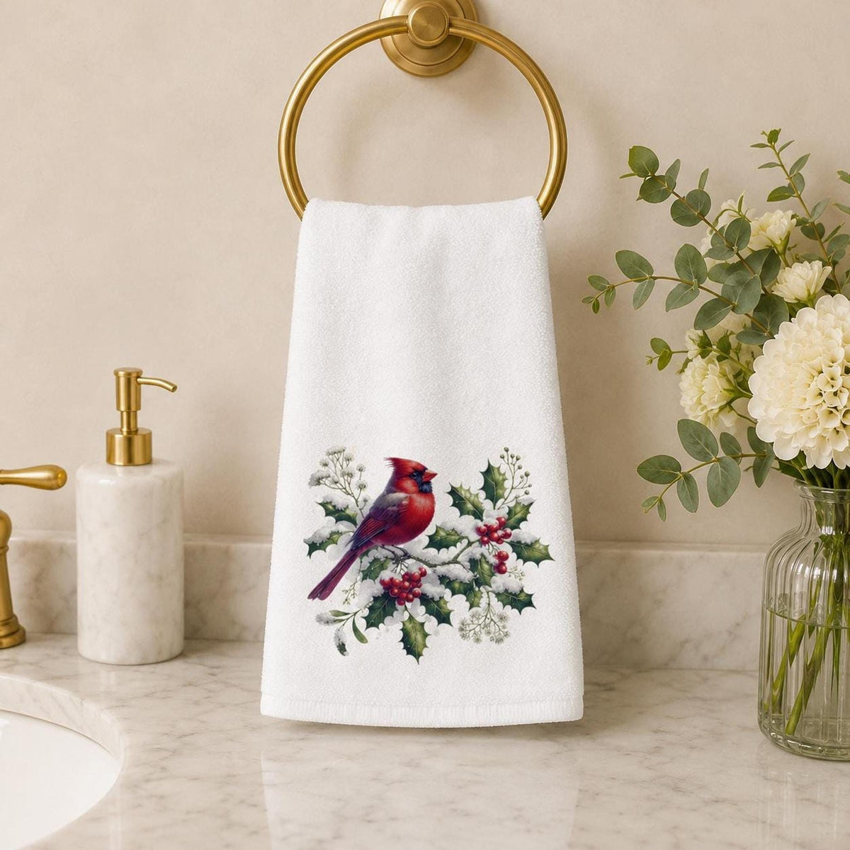 Christmas Hand Towel with Cardinal Design, 15 x 25 Soft Cotton Terry