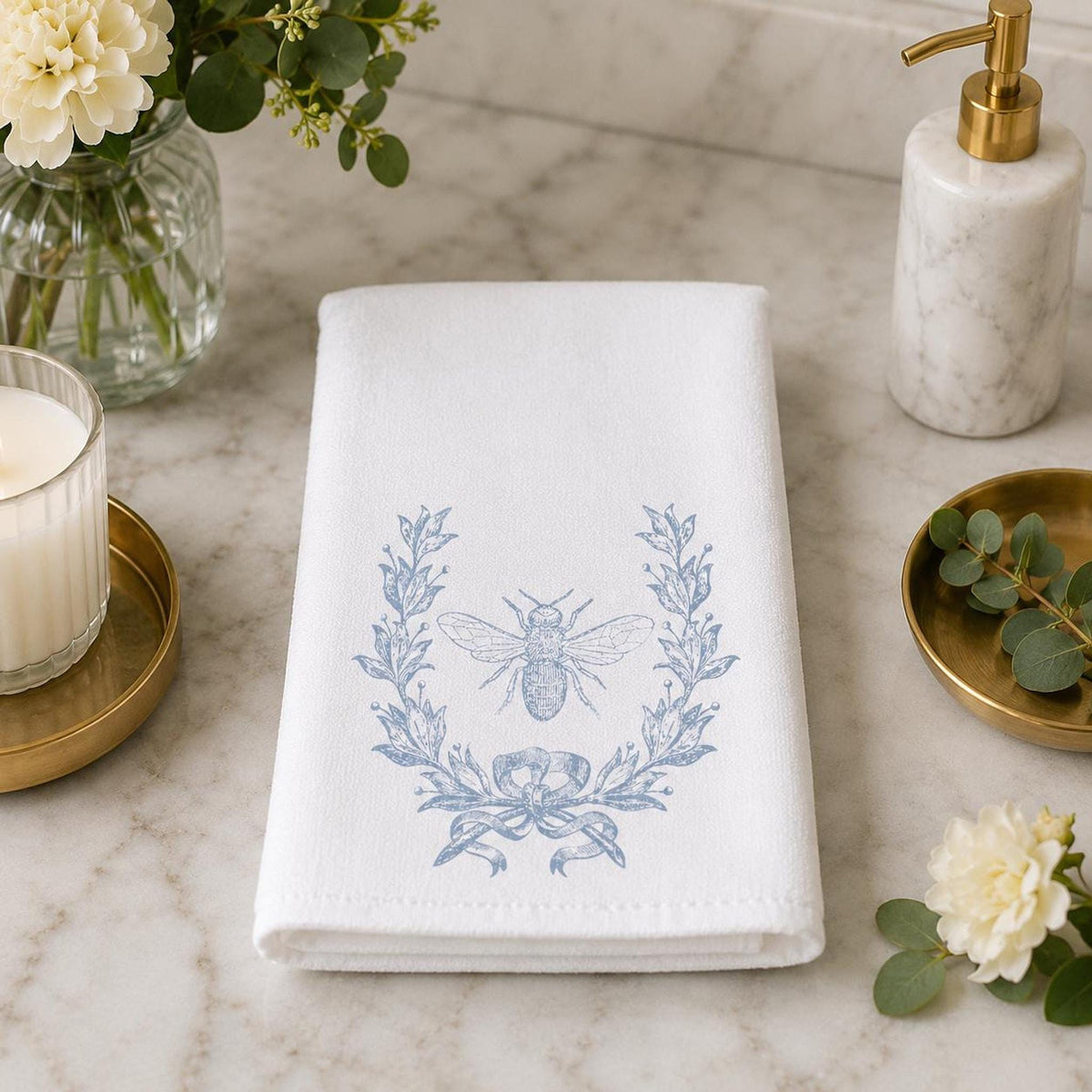Bee Hand Towel, Blue Botanical Design for Powder Room Decor