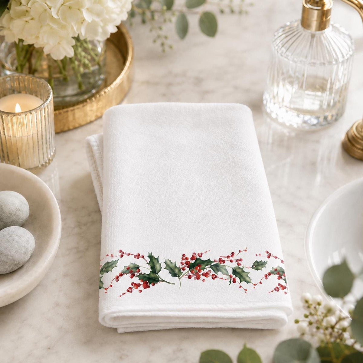 Christmas Towels with Holly Border, Elegant Fingertip for Holiday Decor