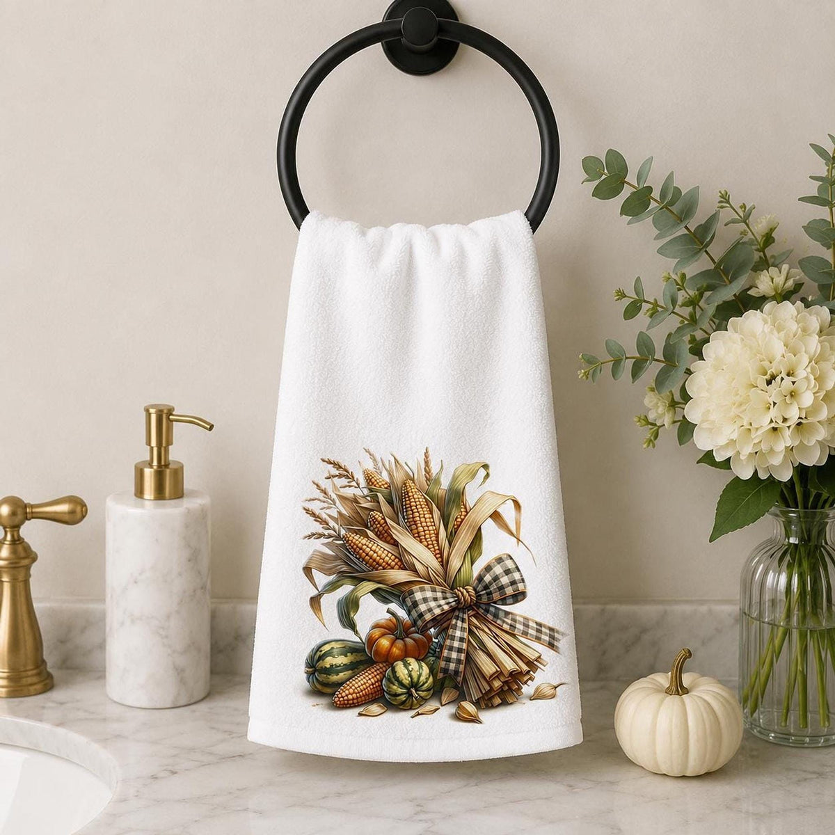 Autumn Hand Towel, Soft Polyester Cotton Blend with Pumpkin Design