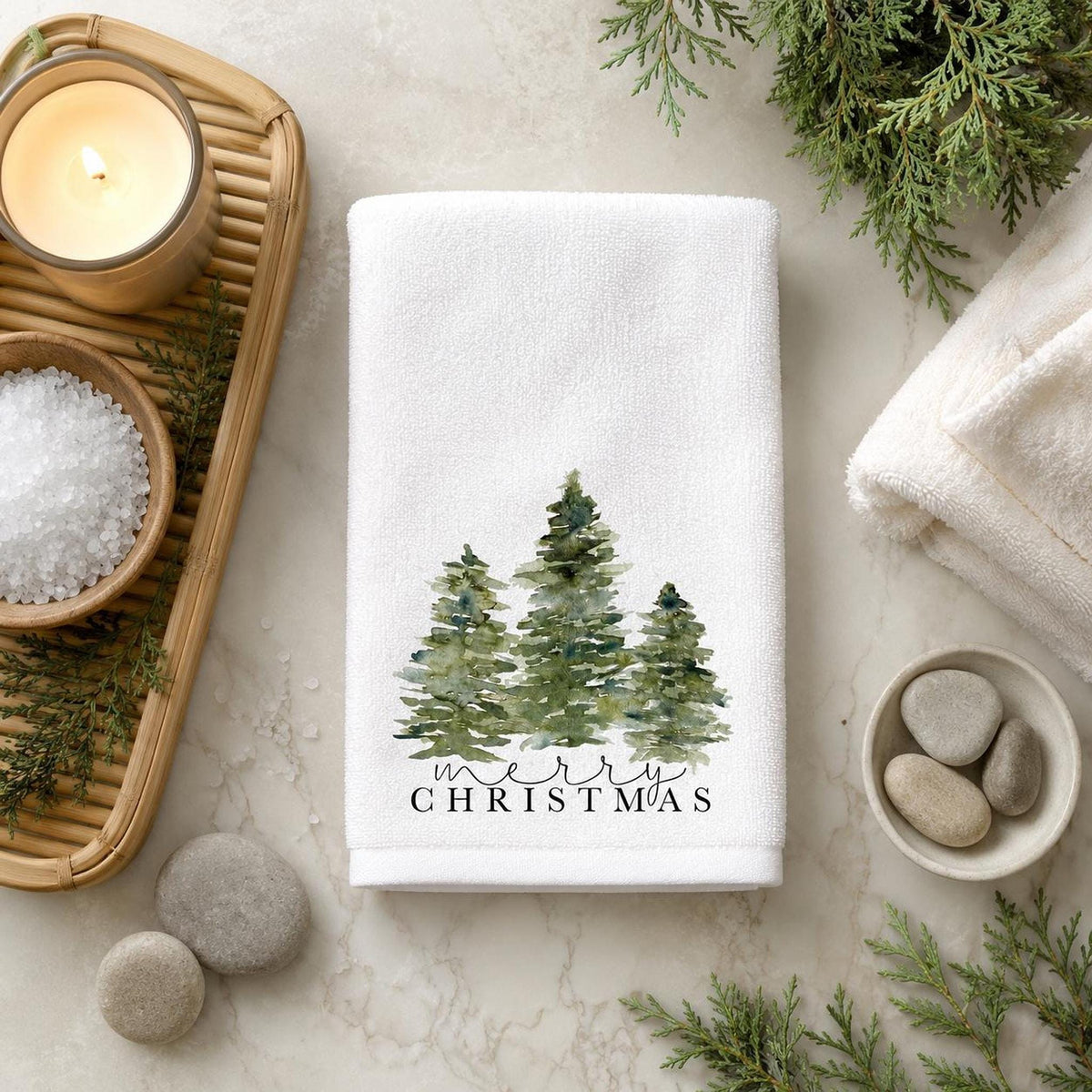 Christmas Towel, White Fingertip Design with Cotton Terrycloth Back