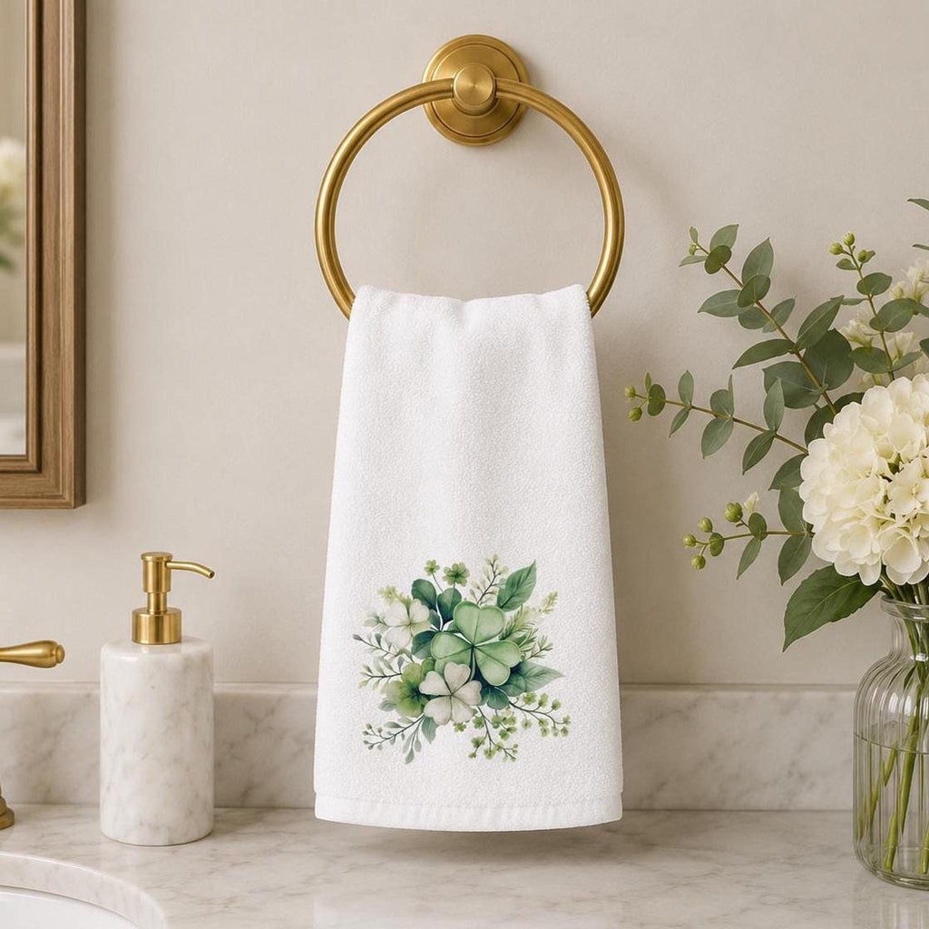 Clover Bath Decor Hand Towel, Botanical Shamrock Design for Spring