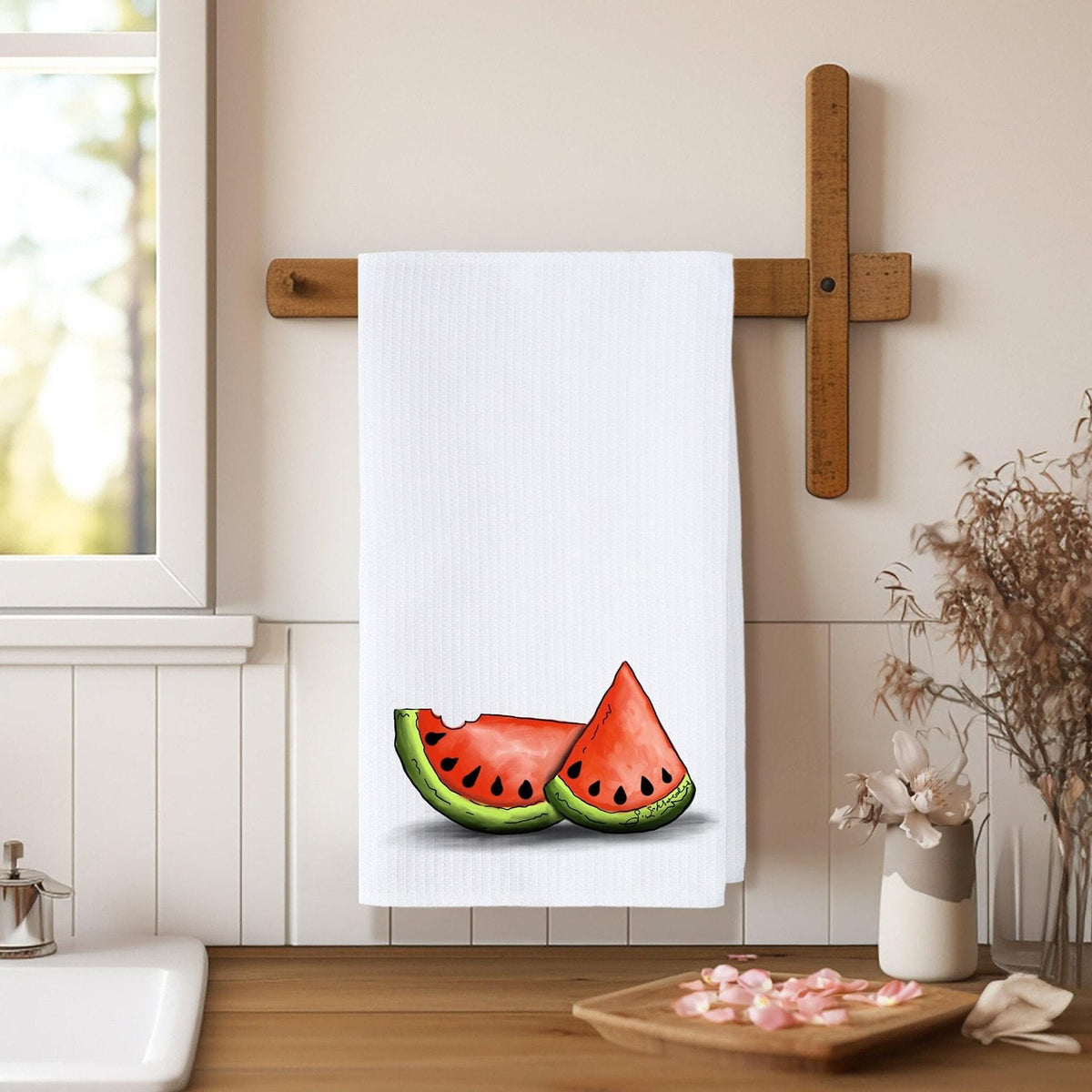 Summer Kitchen Towel with Watermelon Design, Fun Waffle Weave Decor