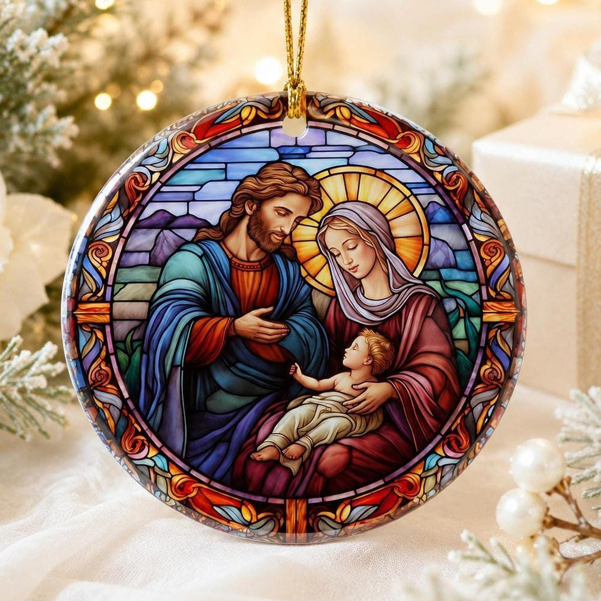 Nativity Ornament, Glossy Ceramic Christmas Keepsake with Optional Personalization