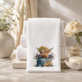 Highland Cow Hand Towel, Floral White Towel for Powder Room Decor
