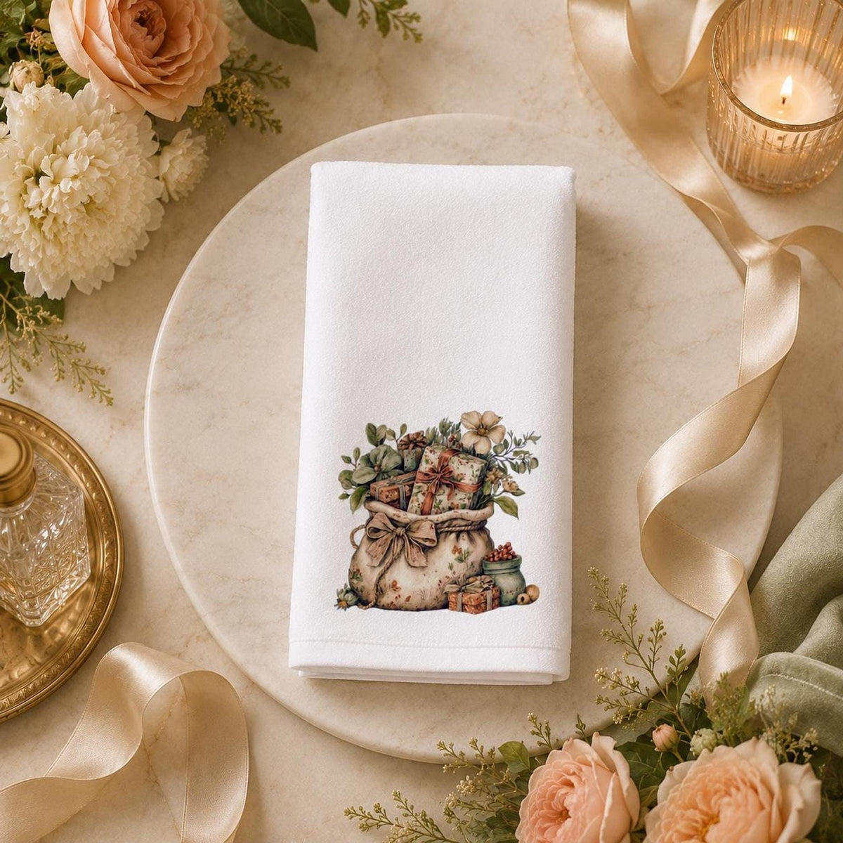 Vintage Christmas Fingertip Towel with Floral Gift Sack Design