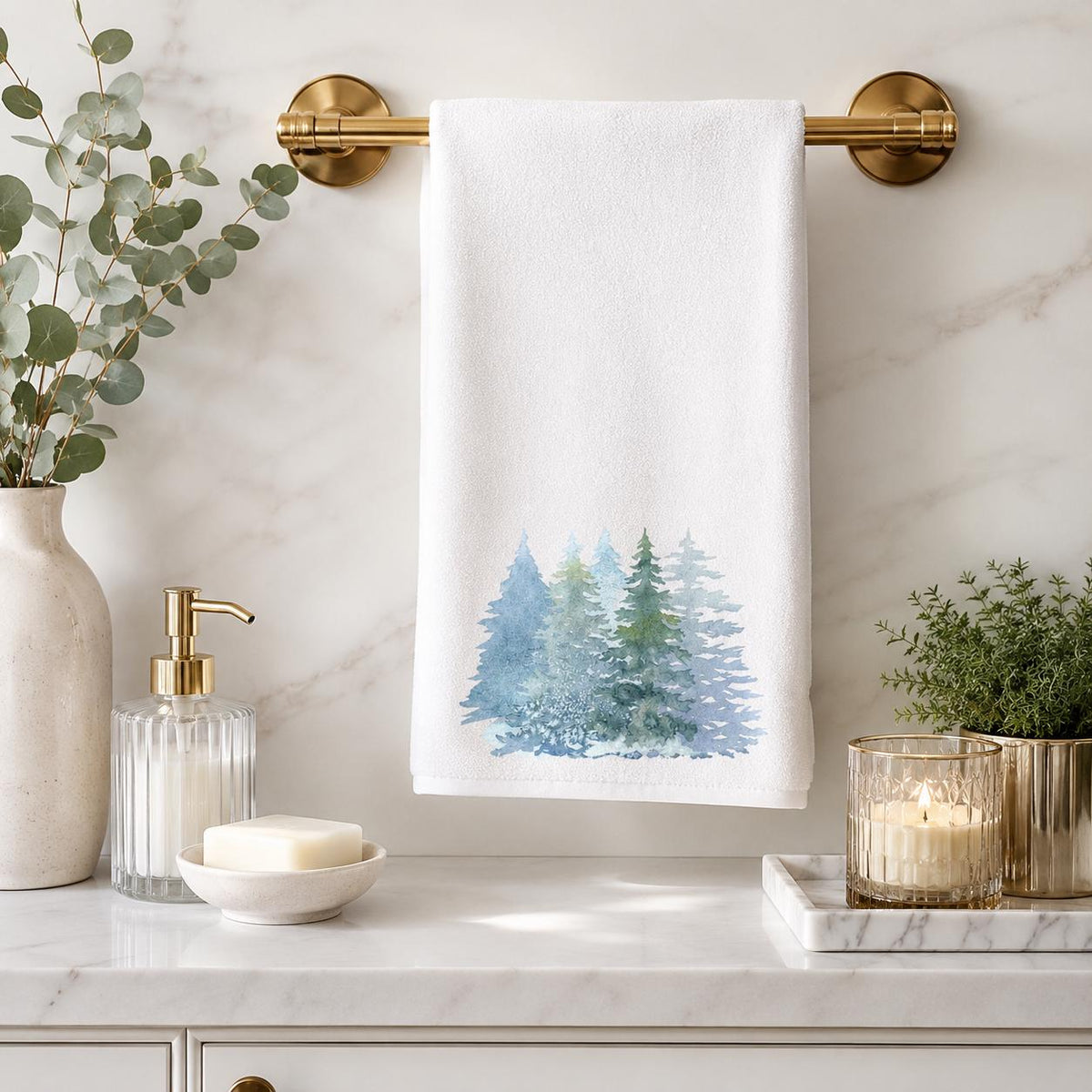 Winter Pine Hand Towel, Blue Forest Bathroom Decor, White Seasonal Accent