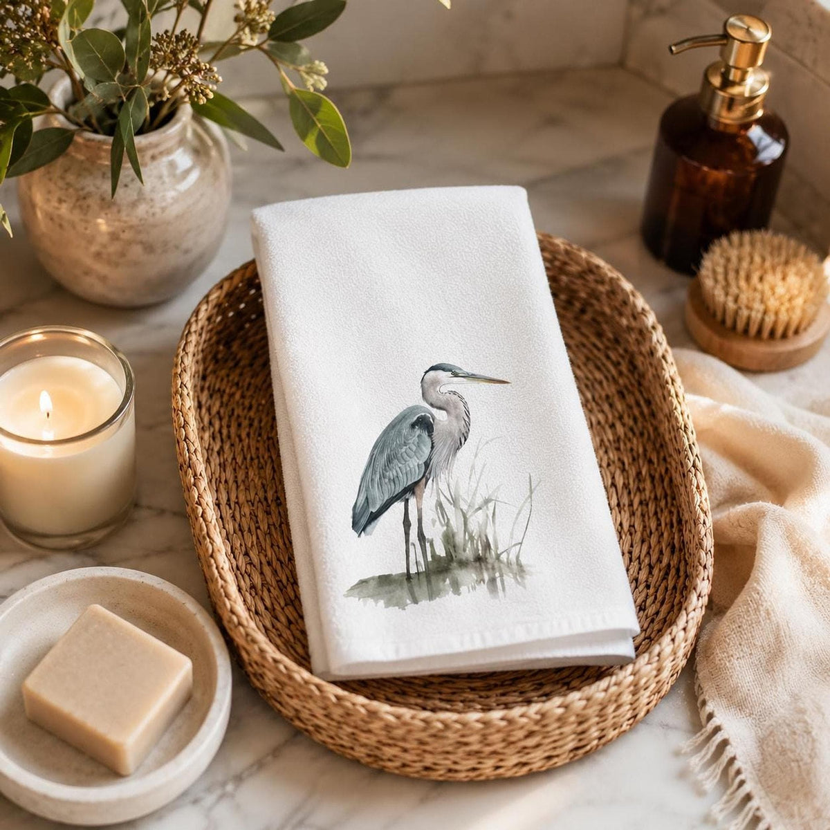 Cotton Bath Towel, Blue Heron Design, 15 x 25 Inch, White Terrycloth
