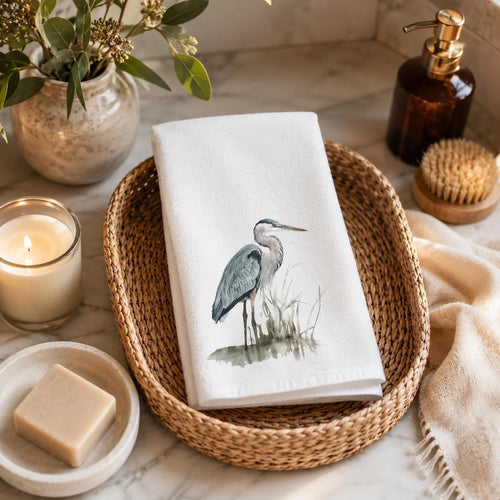 Cotton Bath Towel, Blue Heron Design, 15 x 25 Inch, White Terrycloth
