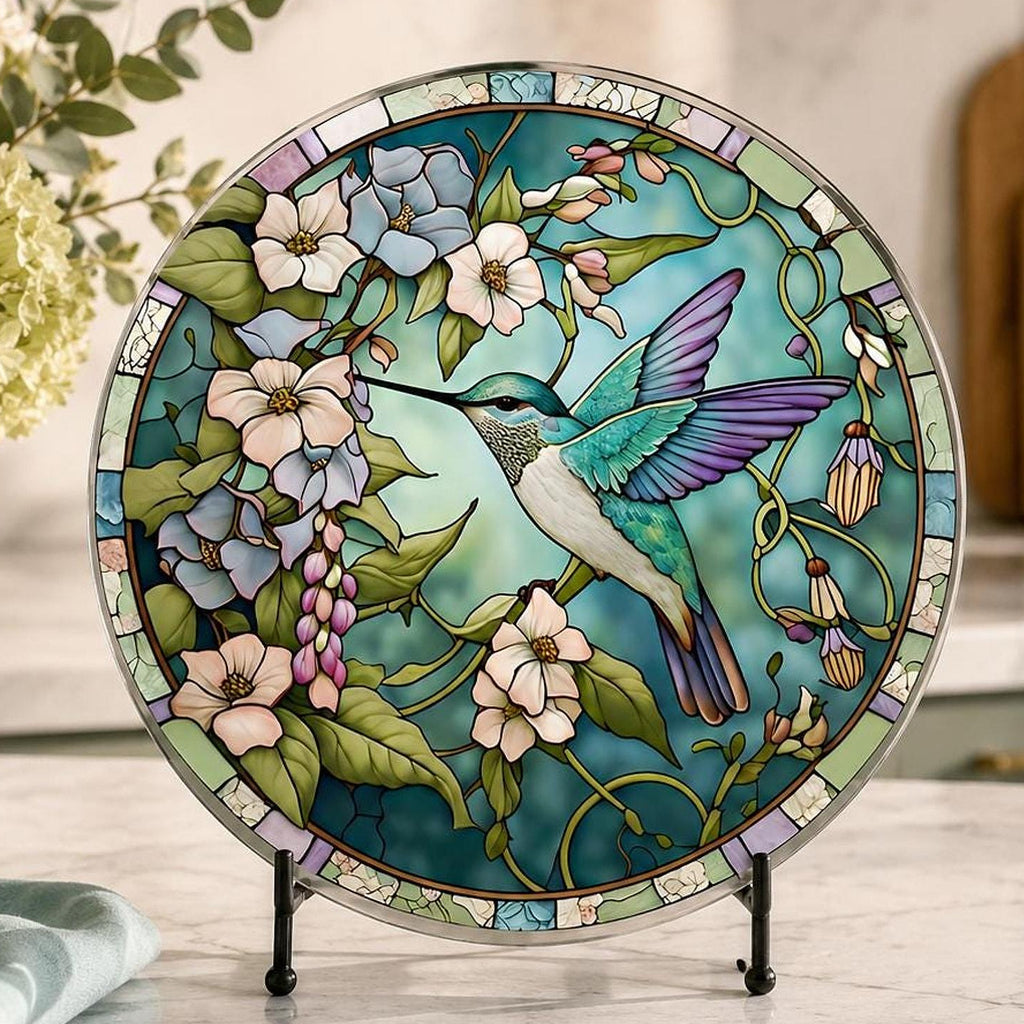 Glass Cutting Board, Round Tempered Hummingbird Design, Charcuterie Use, 8-Inch Or 12-Inch