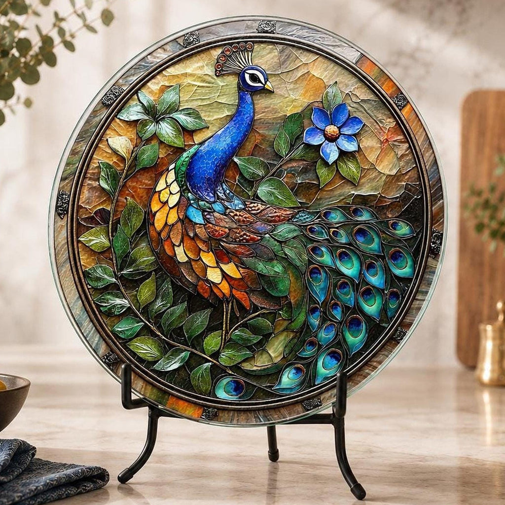 Glass Cutting Board, Peacock Design, 8-Inch Or 12-Inch Round Surface