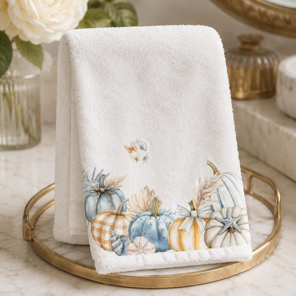Fingertip Towel, 11 x 18 Inch Coastal Fall Decor with Blue Pumpkins