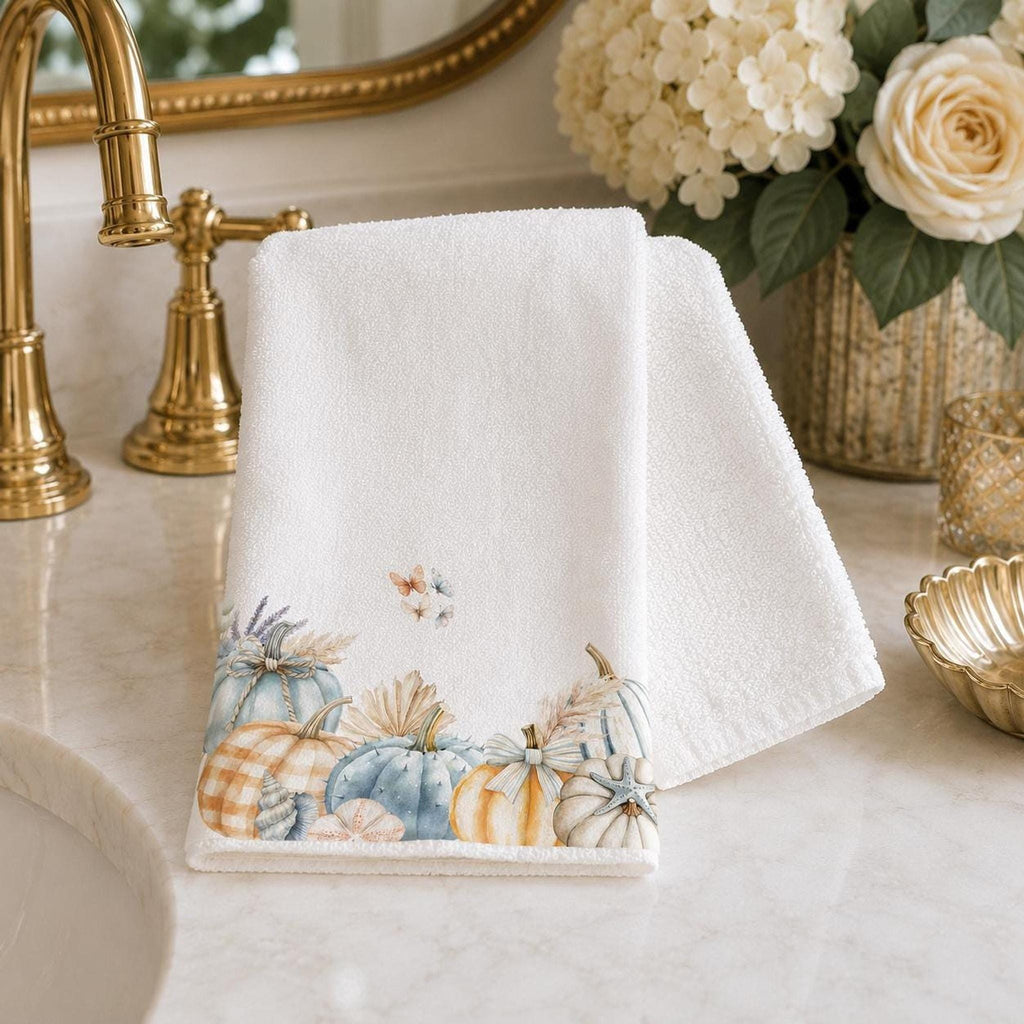 Fingertip Towel, 11 x 18 Inch Coastal Fall Decor with Blue Pumpkins