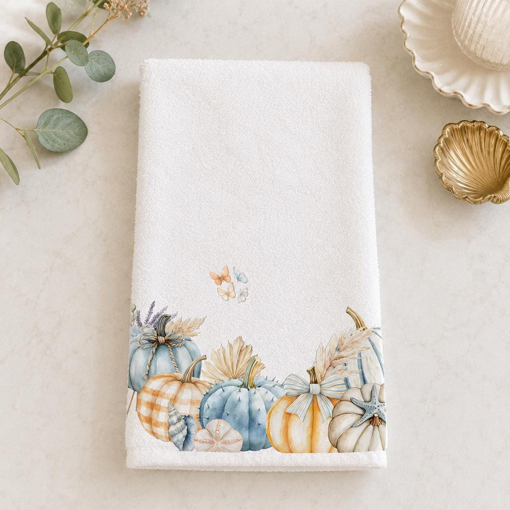 Fingertip Towel, 11 x 18 Inch Coastal Fall Decor with Blue Pumpkins
