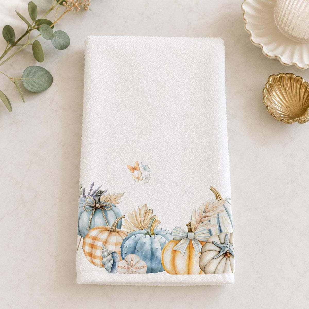 Fingertip Towel, 11 x 18 Inch Coastal Fall Decor with Blue Pumpkins