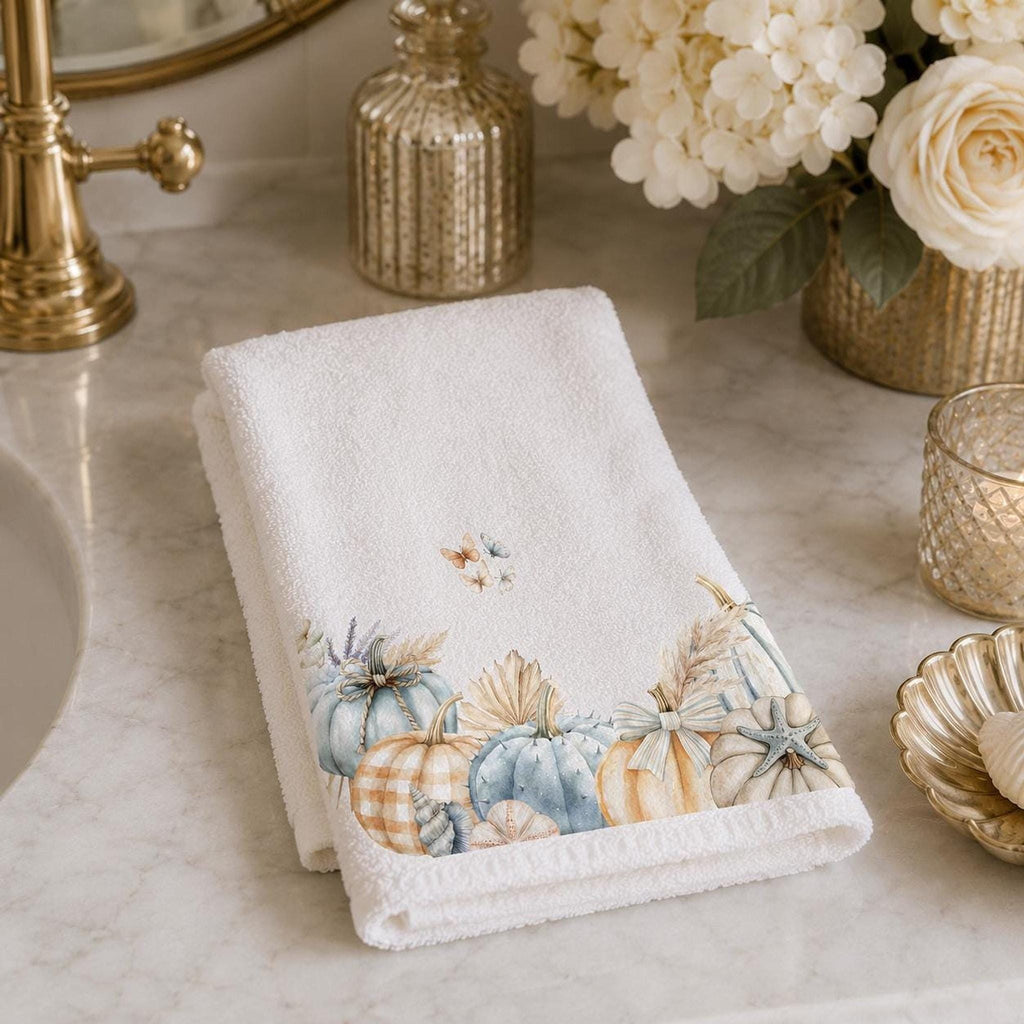 Fingertip Towel, 11 x 18 Inch Coastal Fall Decor with Blue Pumpkins