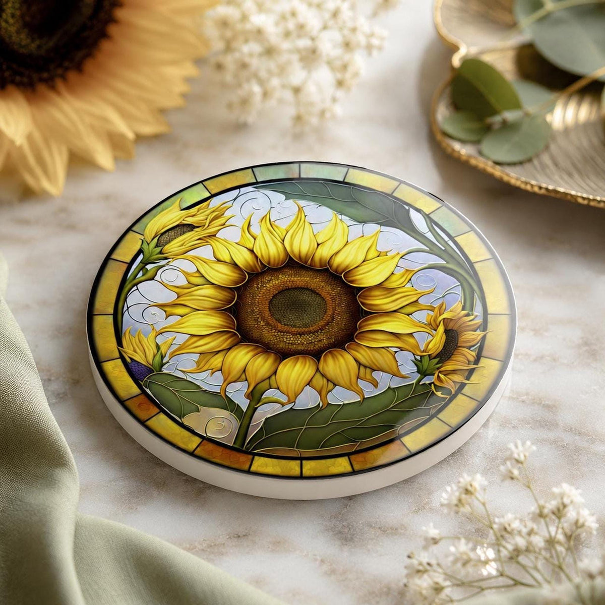 Sunflower Coaster, Round Ceramic Mat with Bright Botanical Design