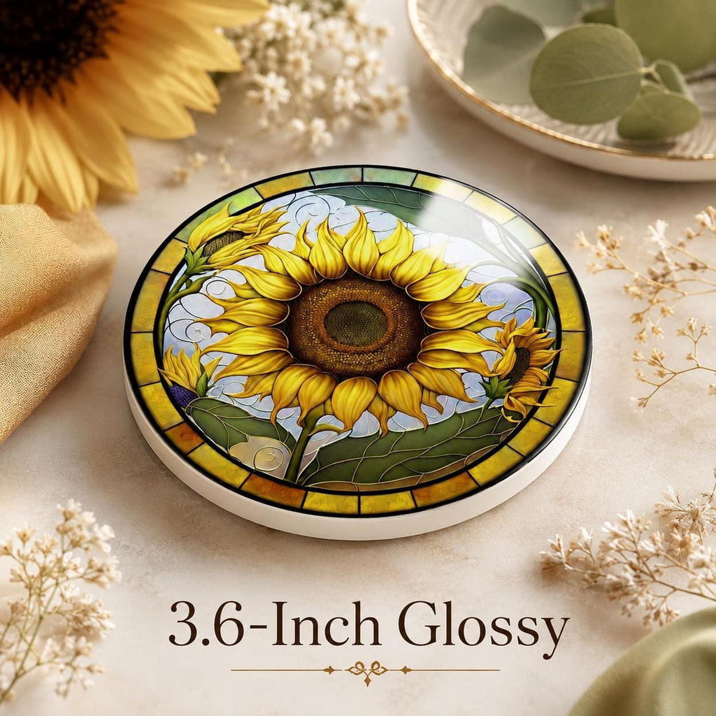 Sunflower Coaster, Round Ceramic Mat with Bright Botanical Design