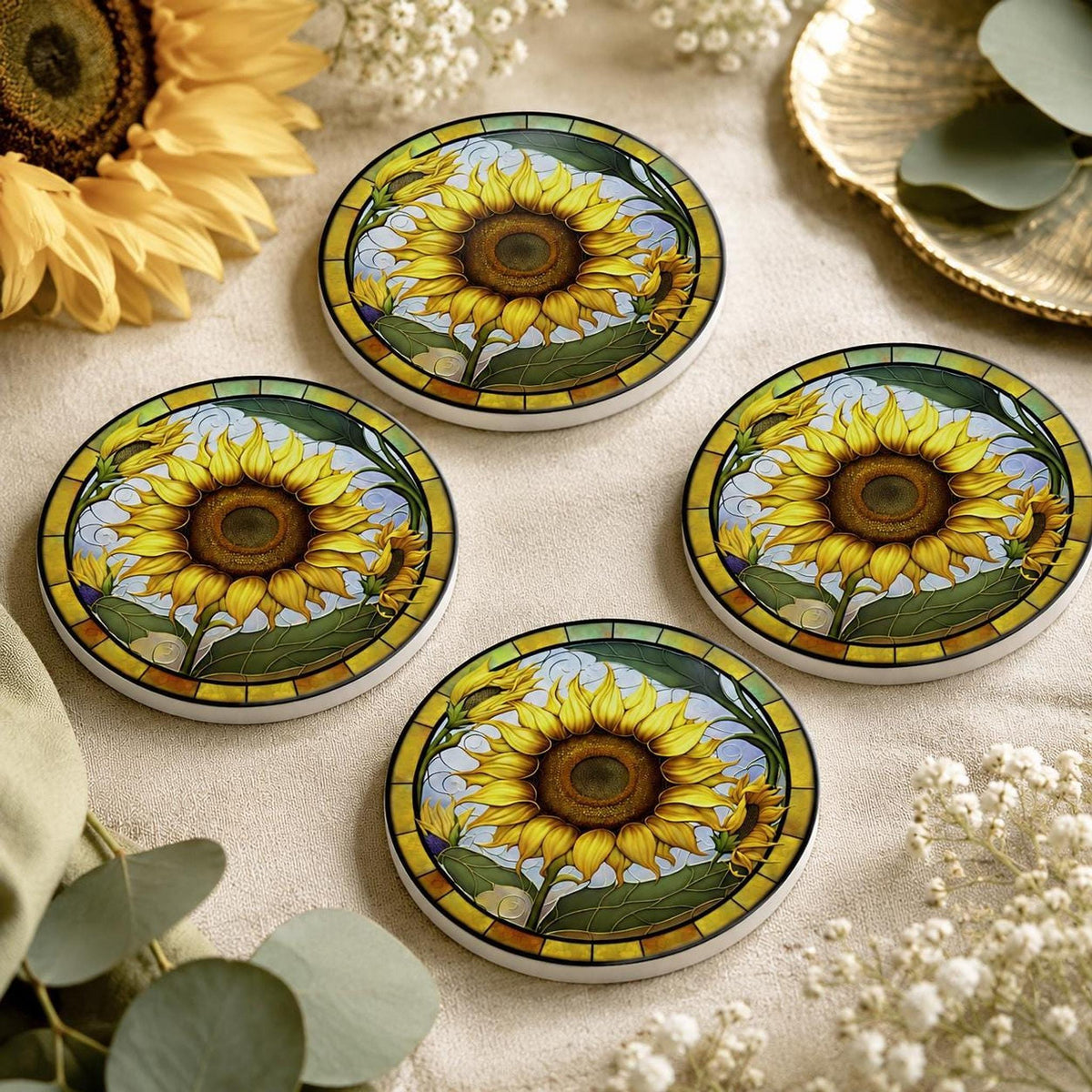 Sunflower Coaster, Round Ceramic Mat with Bright Botanical Design
