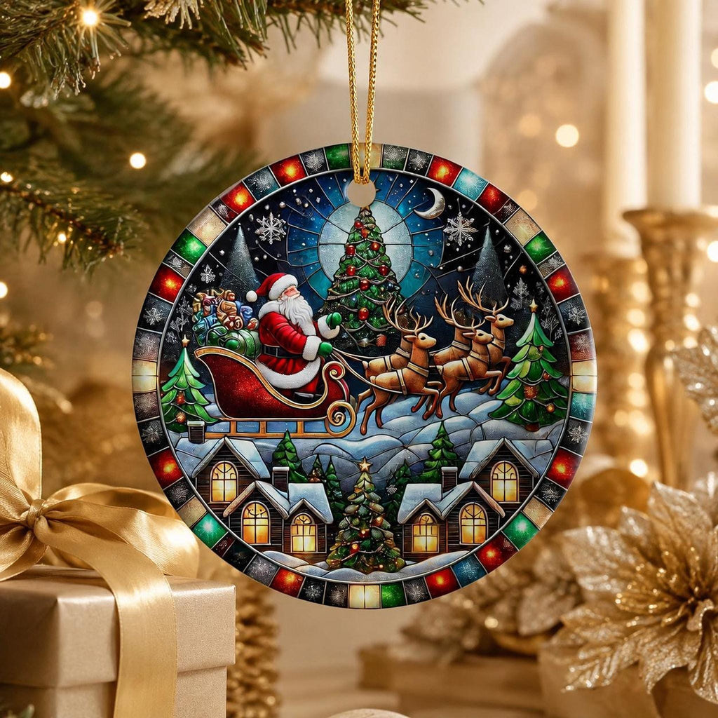 Sleigh Ornament, Vintage Ceramic Keepsake with Santa and Reindeer