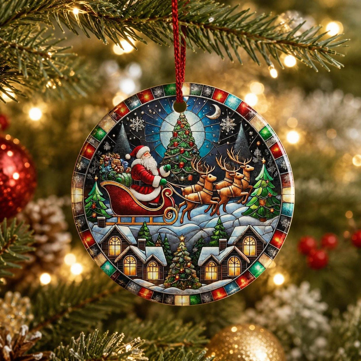 Sleigh Ornament, Vintage Ceramic Keepsake with Santa and Reindeer