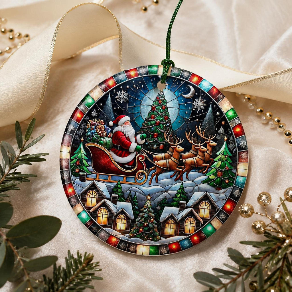 Sleigh Ornament, Vintage Ceramic Keepsake with Santa and Reindeer