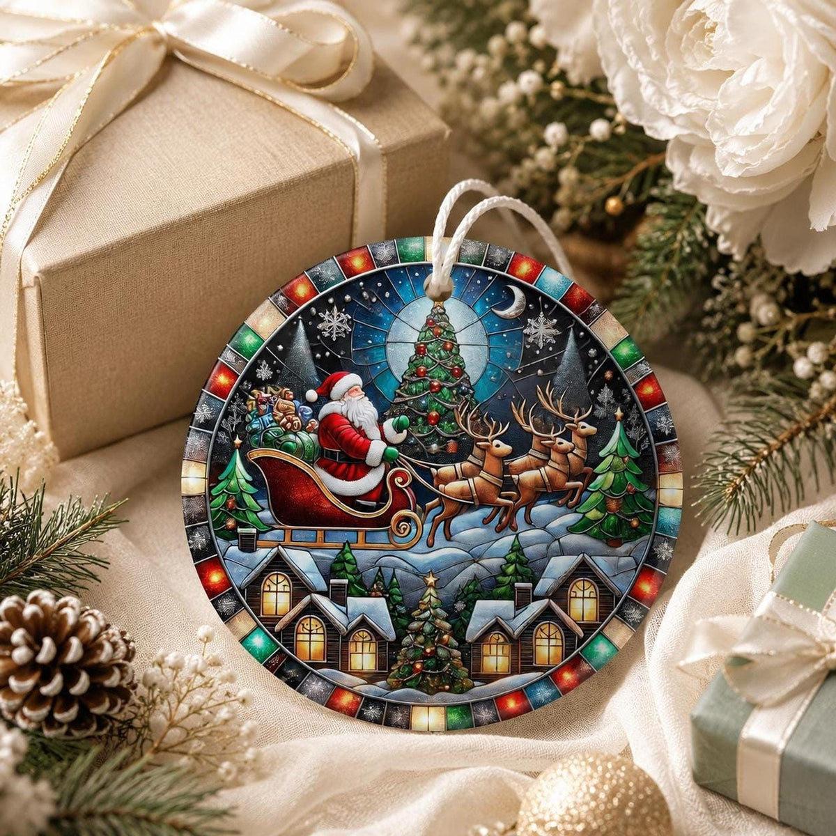 Sleigh Ornament, Vintage Ceramic Keepsake with Santa and Reindeer
