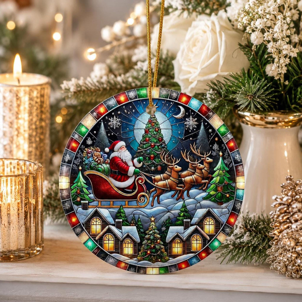 Sleigh Ornament, Vintage Ceramic Keepsake with Santa and Reindeer