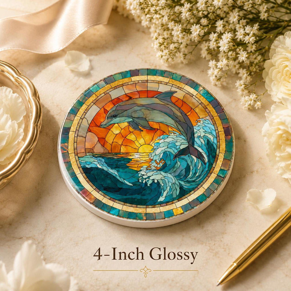 Dolphin Coaster with Ocean Wave Design, Round Ceramic Drink