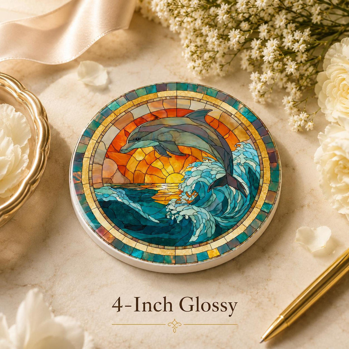 Dolphin Coaster with Ocean Wave Design, Round Ceramic Drink