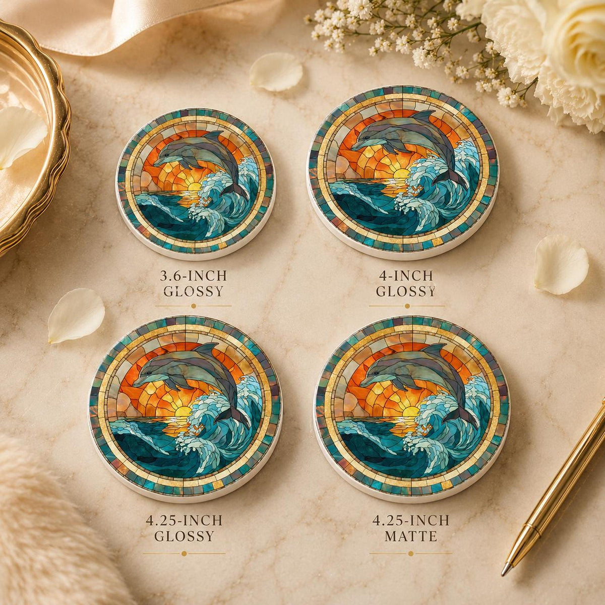 Dolphin Coaster with Ocean Wave Design, Round Ceramic Drink