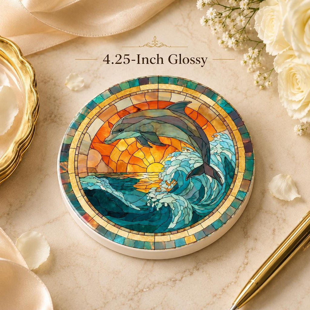 Dolphin Coaster with Ocean Wave Design, Round Ceramic Drink