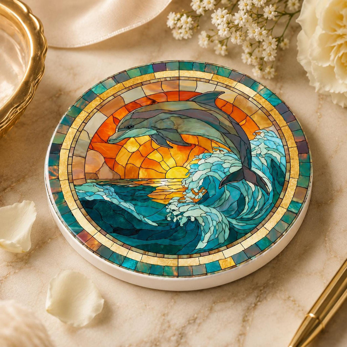 Dolphin Coaster with Ocean Wave Design, Round Ceramic Drink
