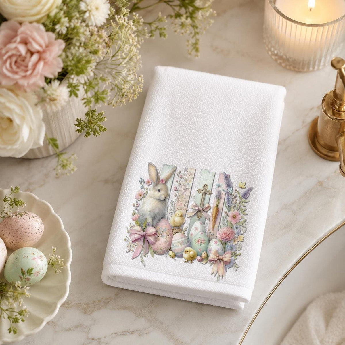 Easter Towel with Bunny Design, Spring Fingertip for Guest Bath