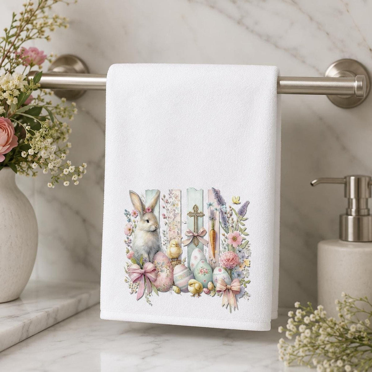 Easter Towel with Bunny Design, Spring Fingertip for Guest Bath
