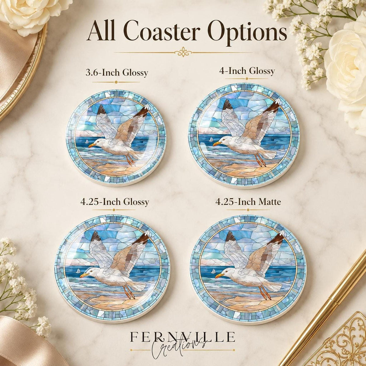 Seagull Coaster, Coastal Ceramic Art Design with Glossy Finish