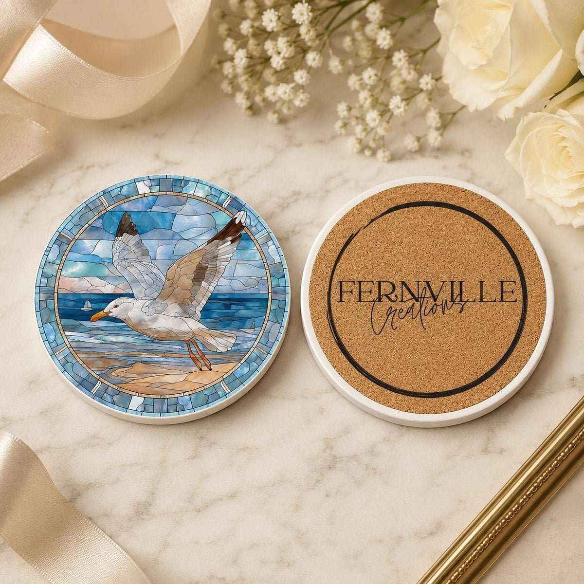Seagull Coaster, Coastal Ceramic Art Design with Glossy Finish