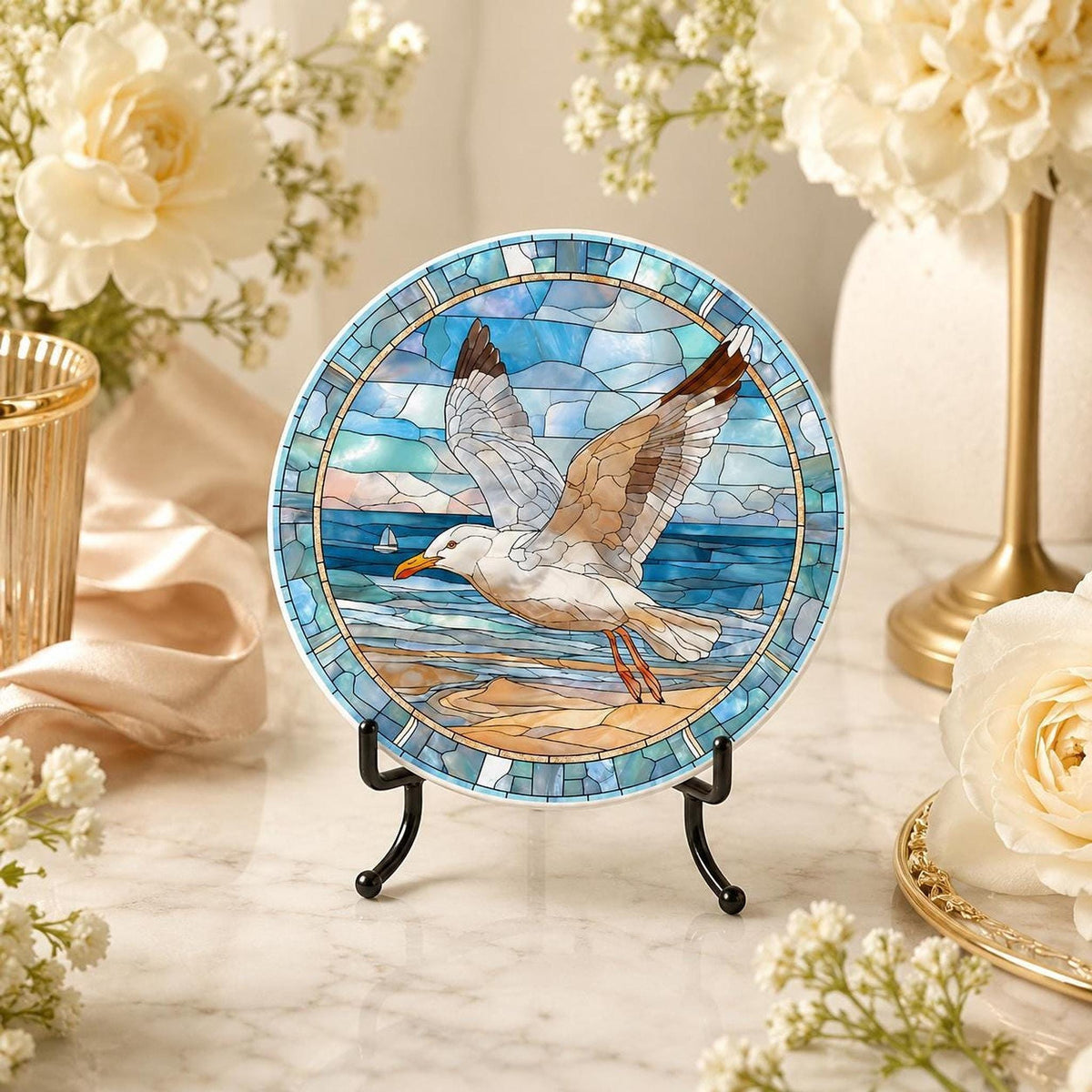 Seagull Coaster, Coastal Ceramic Art Design with Glossy Finish