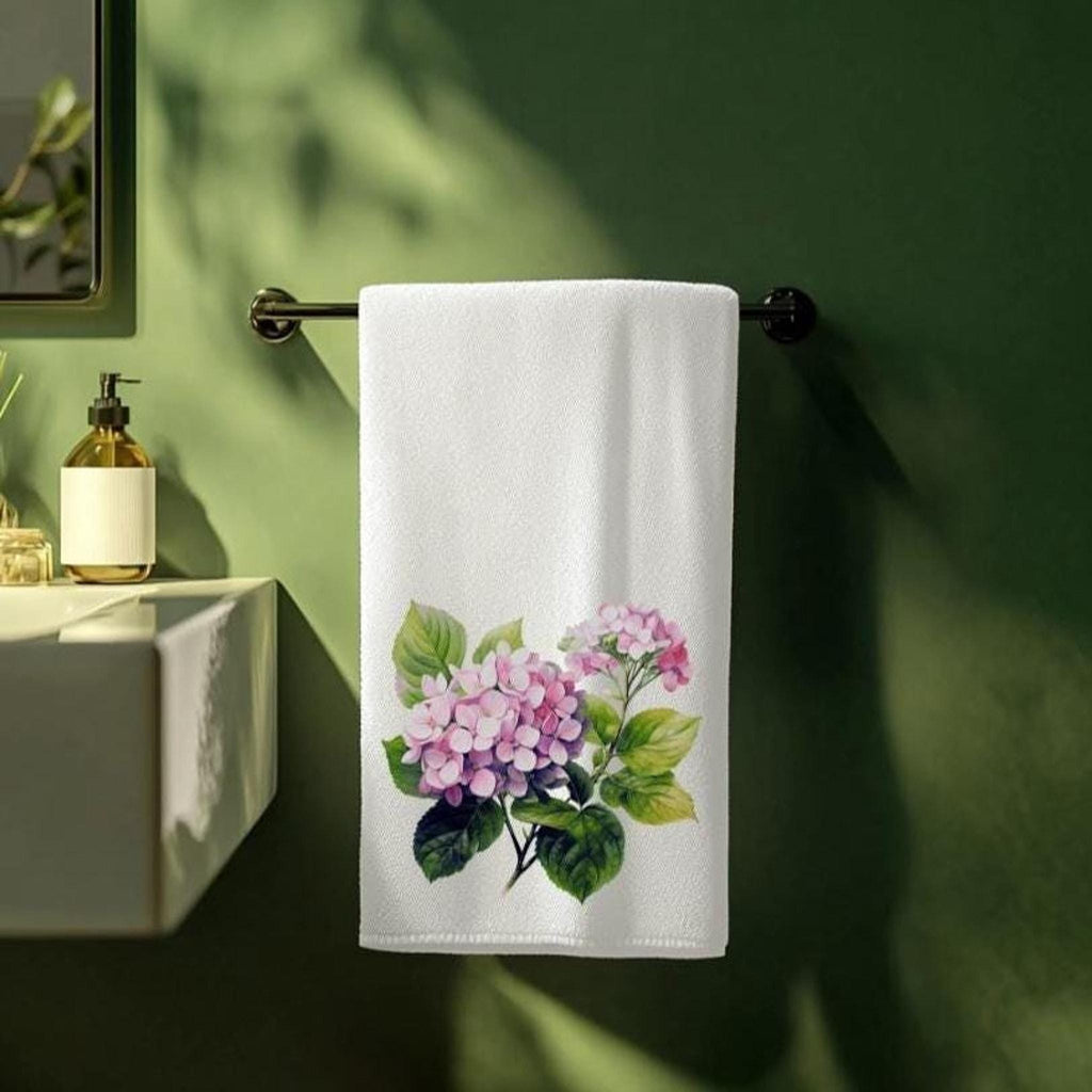 Pink Hydrangea Towel, Floral Bathroom Decor with Soft Cotton Terrycloth