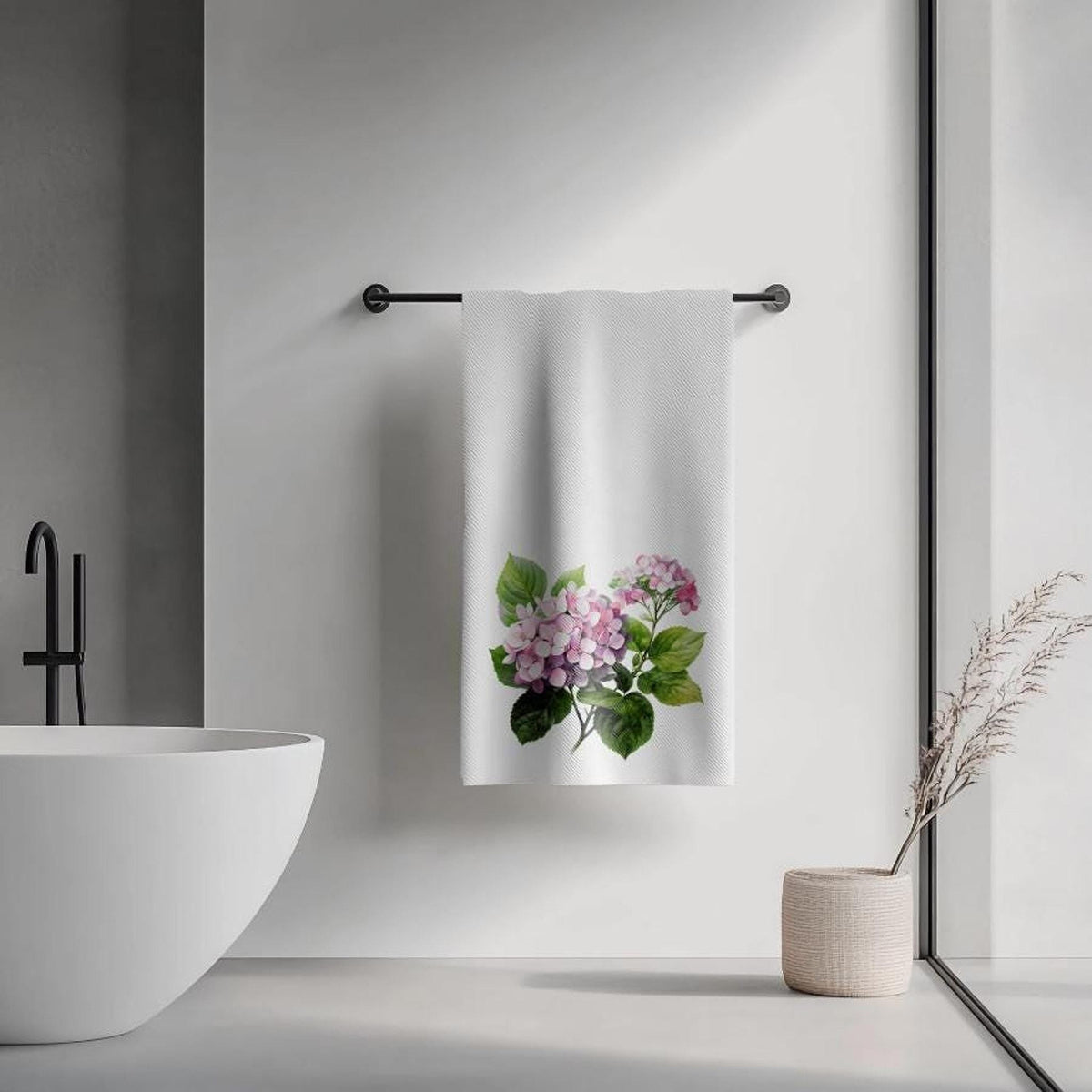 Pink Hydrangea Towel, Floral Bathroom Decor with Soft Cotton Terrycloth