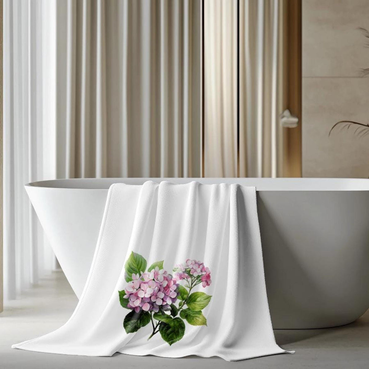 Pink Hydrangea Towel, Floral Bathroom Decor with Soft Cotton Terrycloth