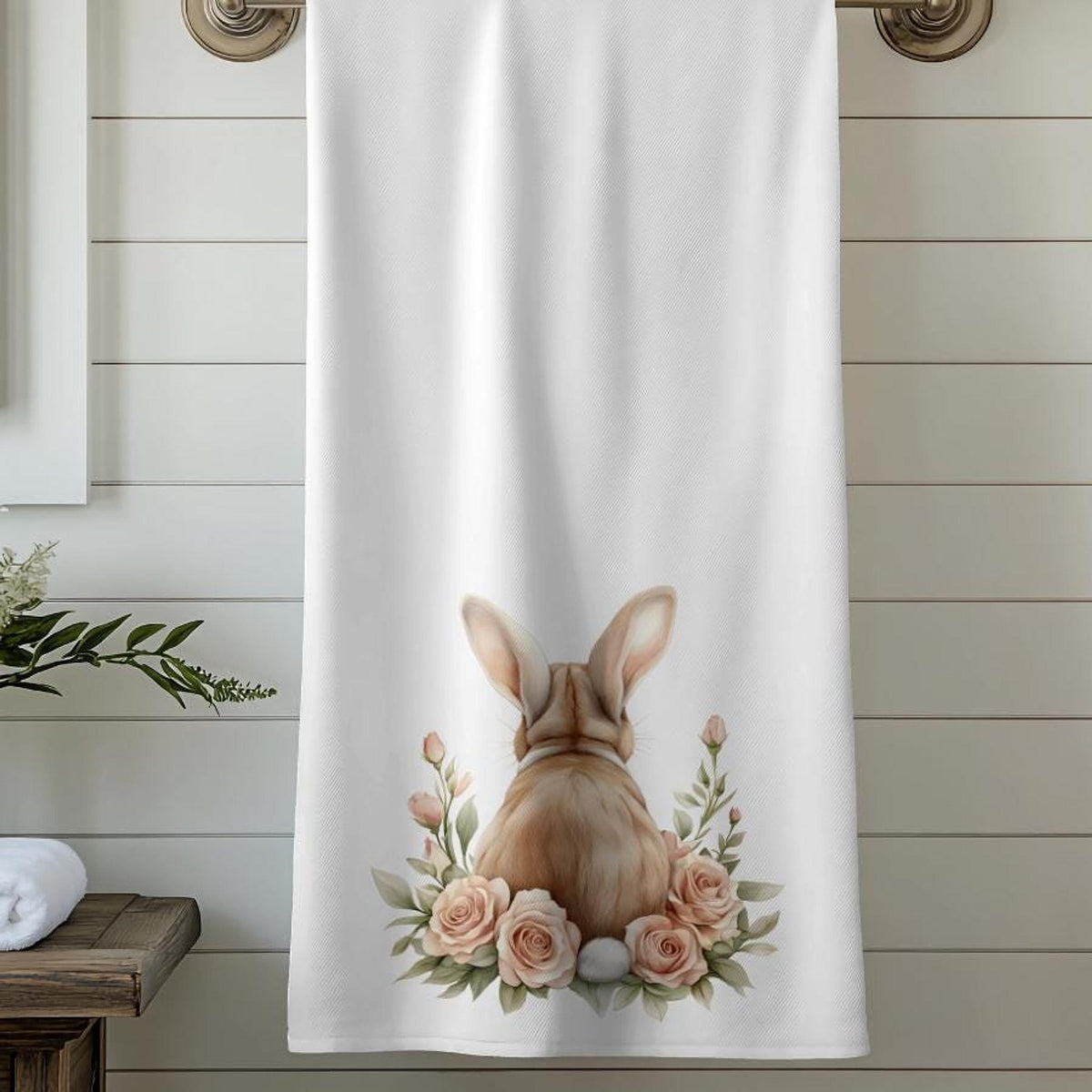Bunny Bath Towel, Floral Spring Decor with Soft Cotton Terrycloth