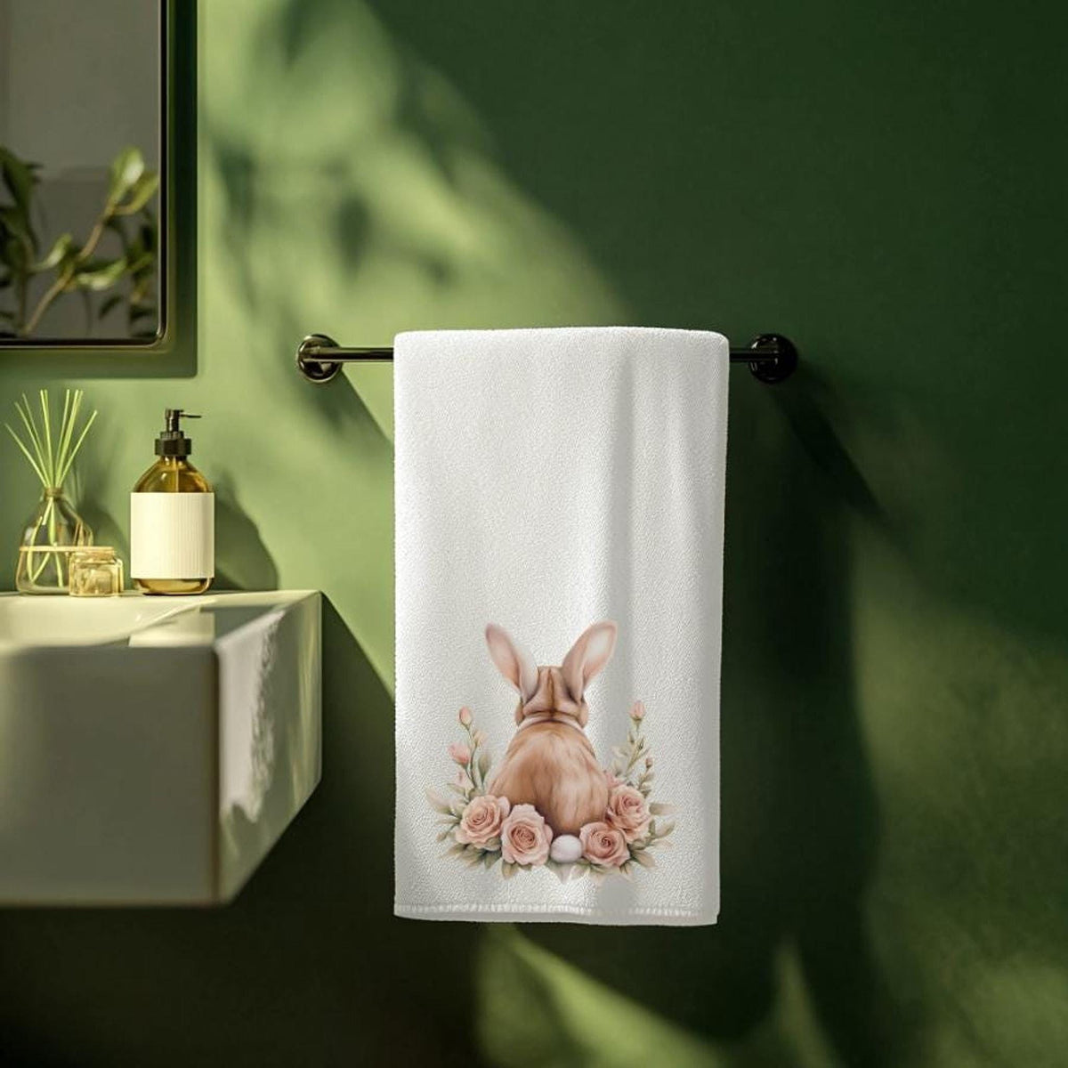 Bunny Bath Towel, Floral Spring Decor with Soft Cotton Terrycloth