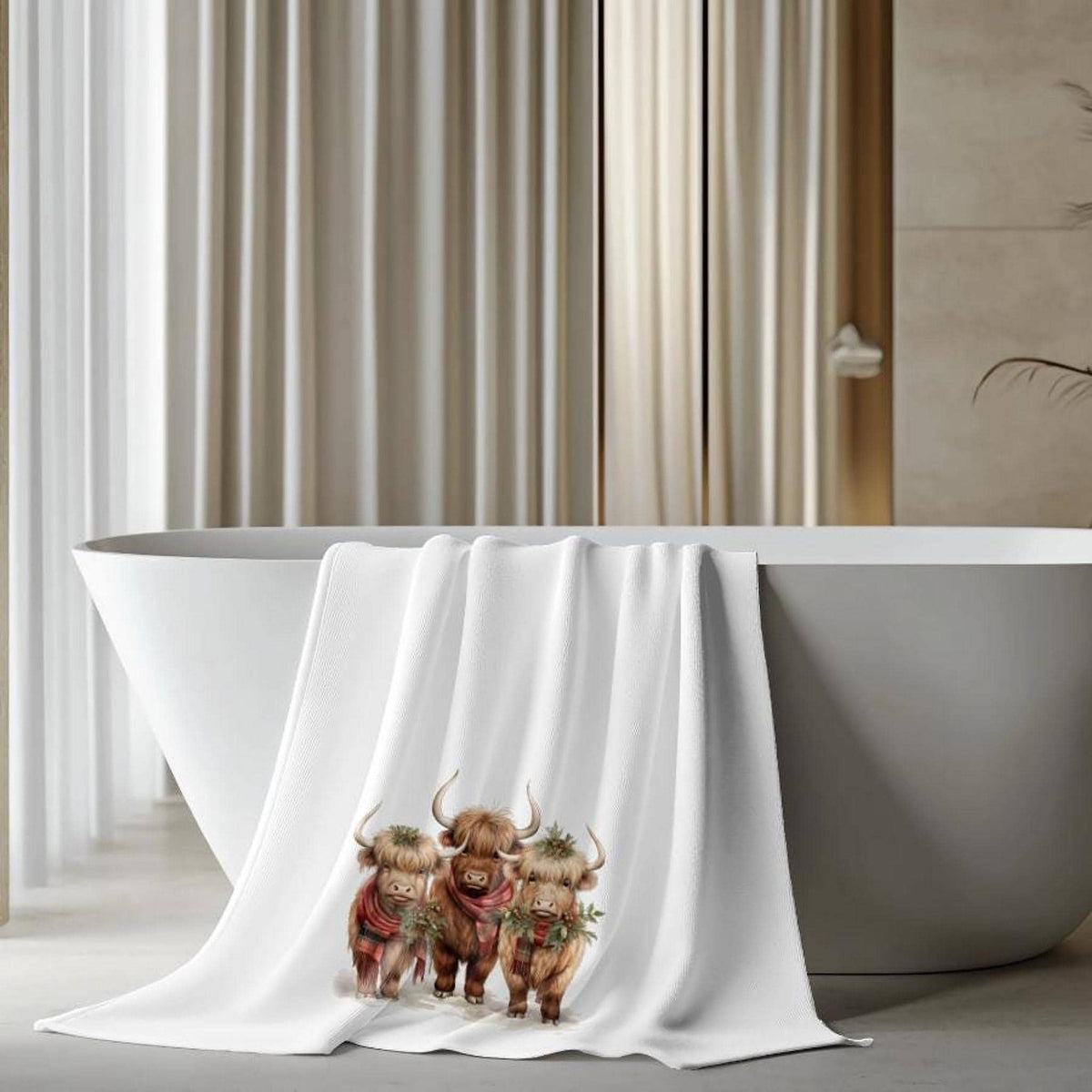 Highland Cow Bath Towel, Rustic Winter Decor for Cozy Bathrooms