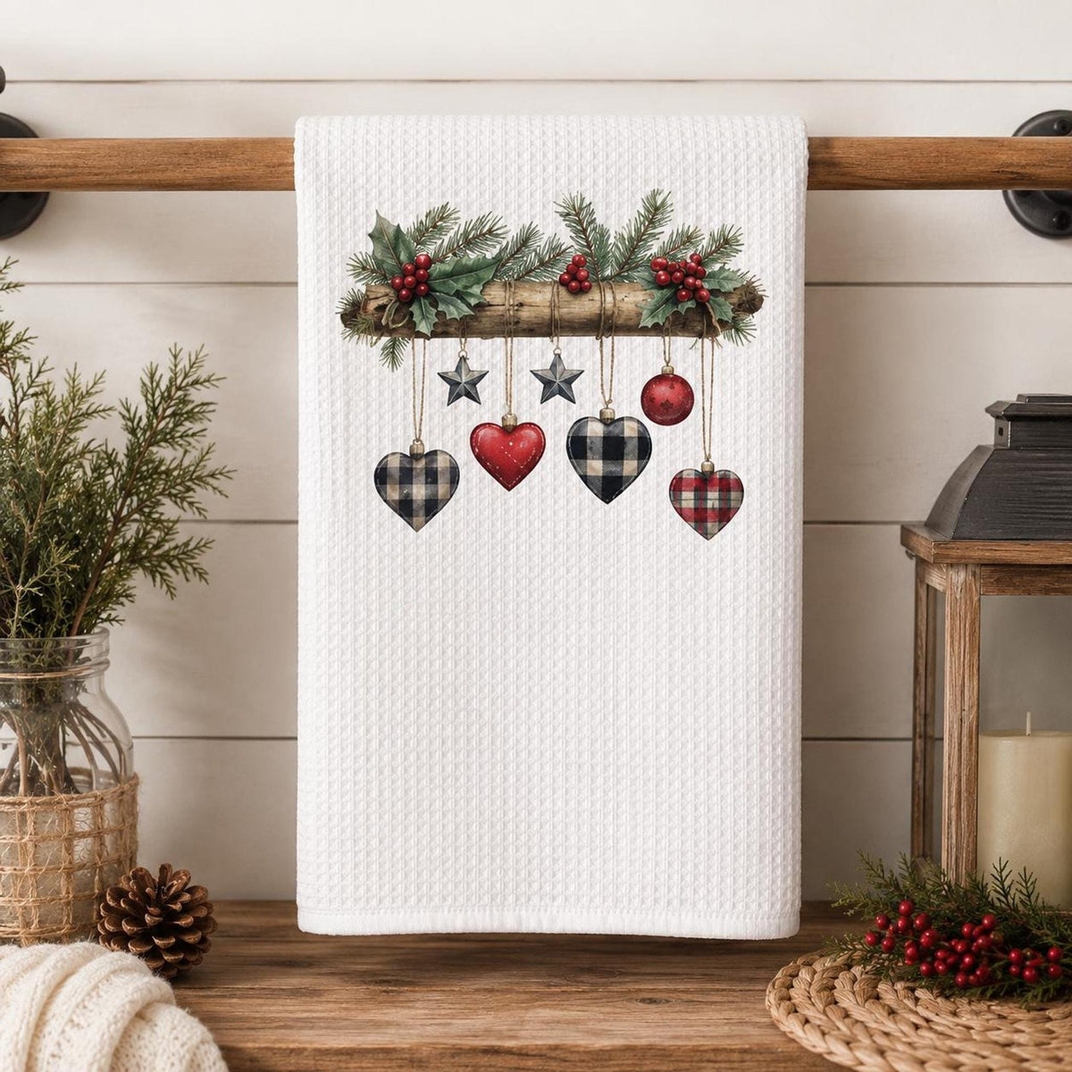 Rustic Christmas Waffle Towel with Plaid Heart Ornaments