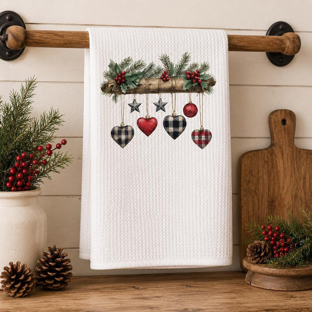 Rustic Christmas Waffle Towel with Plaid Heart Ornaments